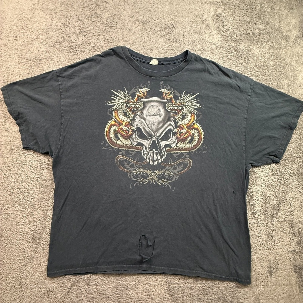 Vintage Y2K Giant Dragon Skull Graphic T-Shirt Thrashed Distressed Men XXL